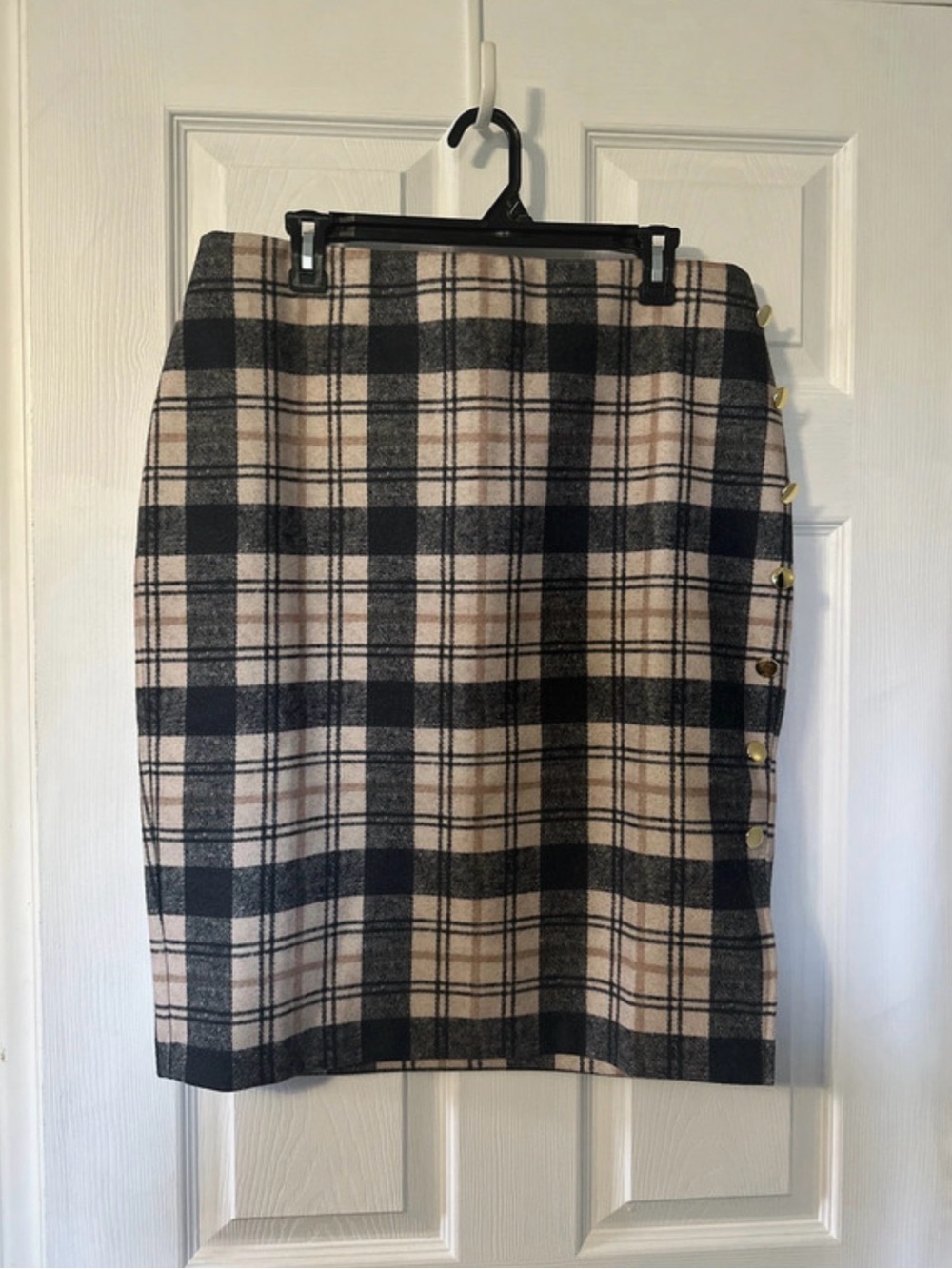 Classic Beige and Black Plaid Pencil Skirt with Side Button Detail